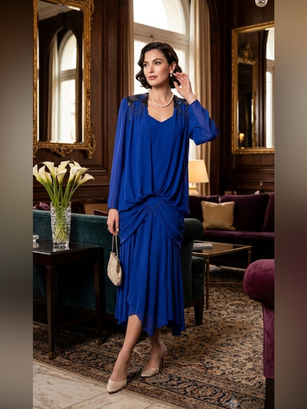 Vtg 80s Blue Draped DECO Beaded FLAPPER Dynasty Party‎ Gatsby Cocktail Dress 14
